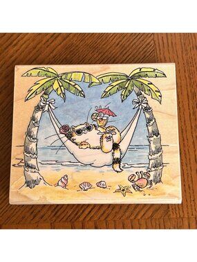 2001 Beach Hammock Penny Black Margaret Sherry Collection Wood Rubber Stamp RARE